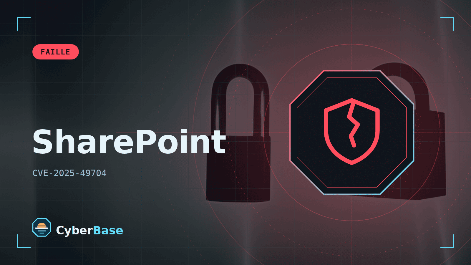 Illustration de « Une faille de gravité haute, déjà exploitée, touche Microsoft SharePoint Server » : le pictogramme de la rubrique Faille et le nom du sujet sur une image de fond assombrie