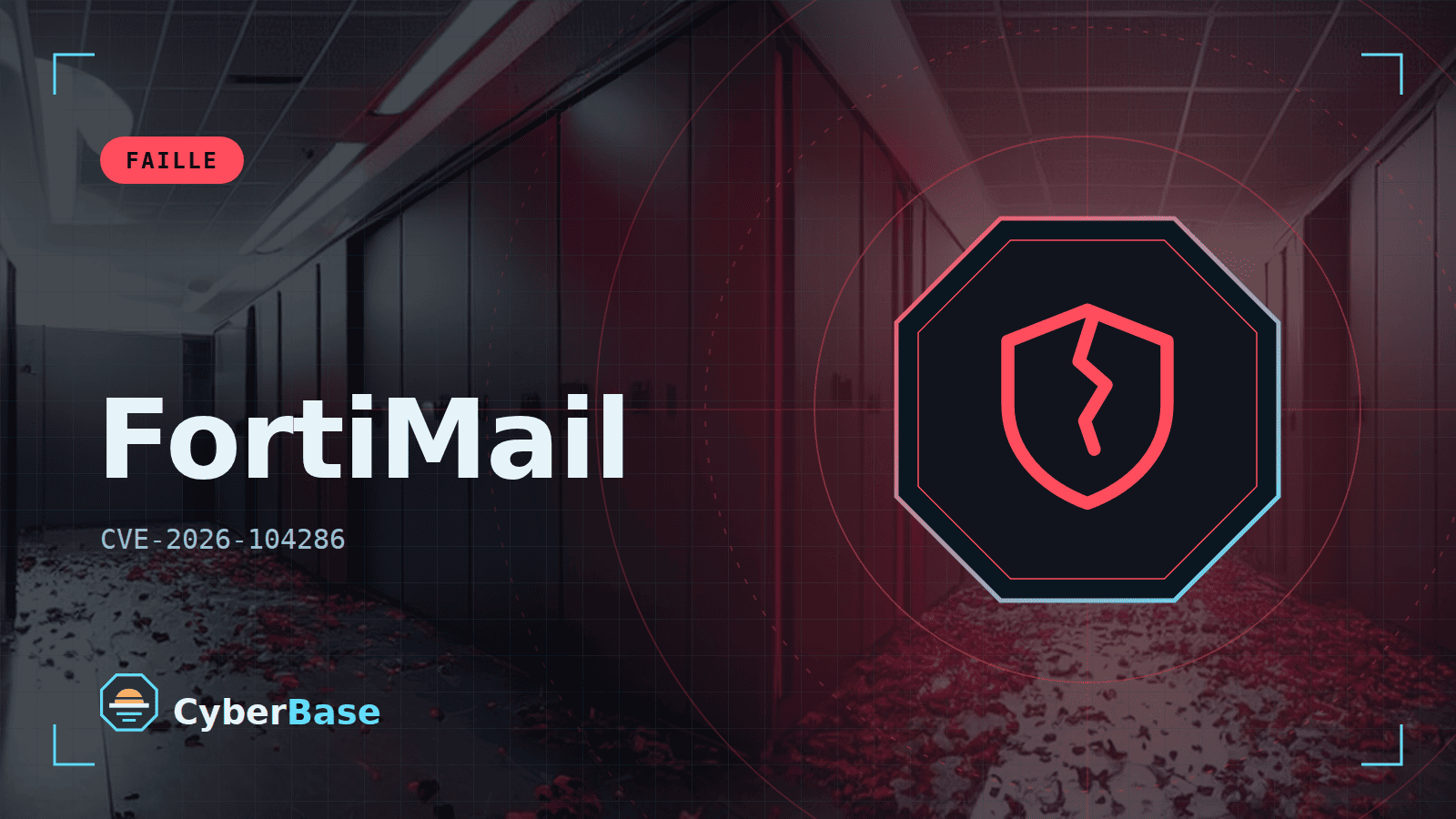 Illustration de « Fortinet FortiMail : une faille critique permet d’écrire des fichiers à distance » : le pictogramme de la rubrique Faille et le nom du sujet sur une image de fond assombrie