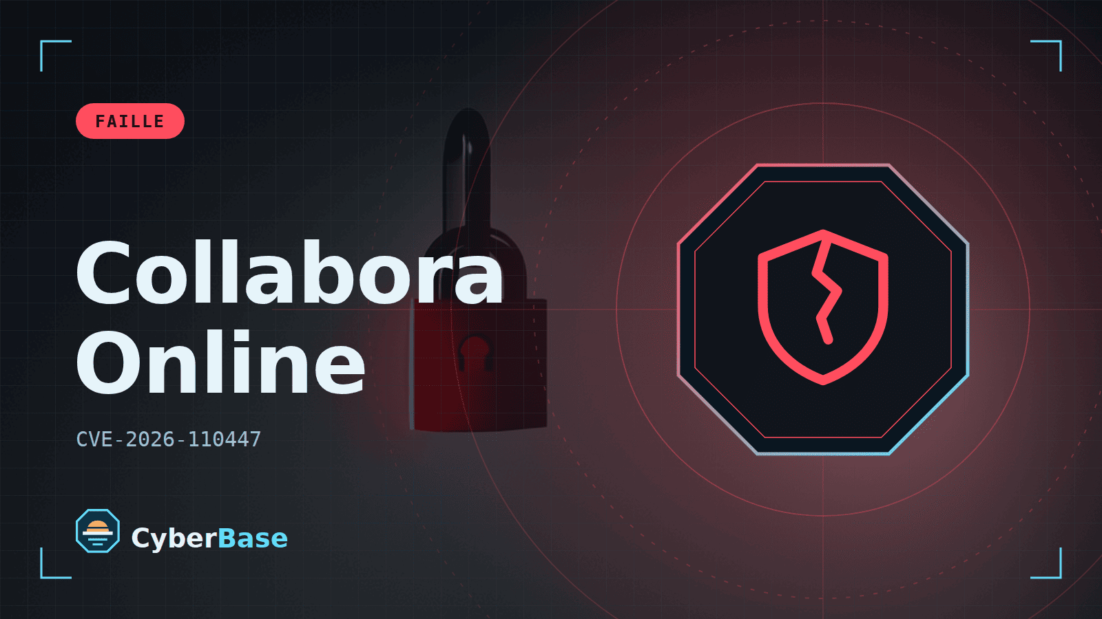 Illustration de « Faille critique d'injection de commandes dans Collabora Online Built-in CODE Server » : le pictogramme de la rubrique Faille et le nom du sujet sur une image de fond assombrie