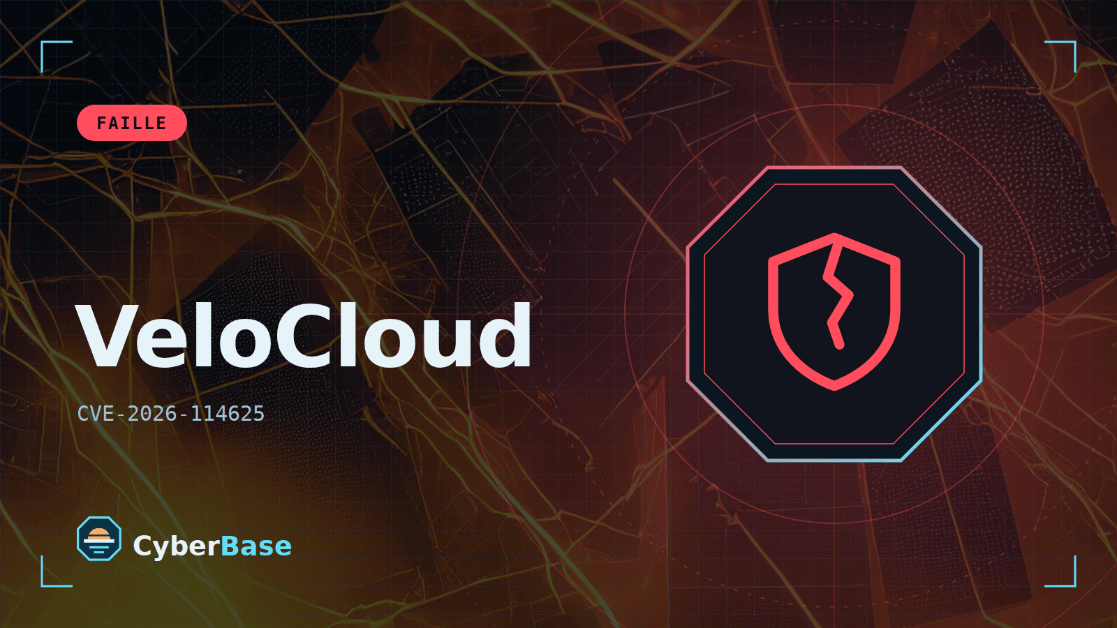 Illustration de « Une faille critique touche VeloCloud Orchestrator et nécessite une mise à jour » : le pictogramme de la rubrique Faille et le nom du sujet sur une image de fond assombrie