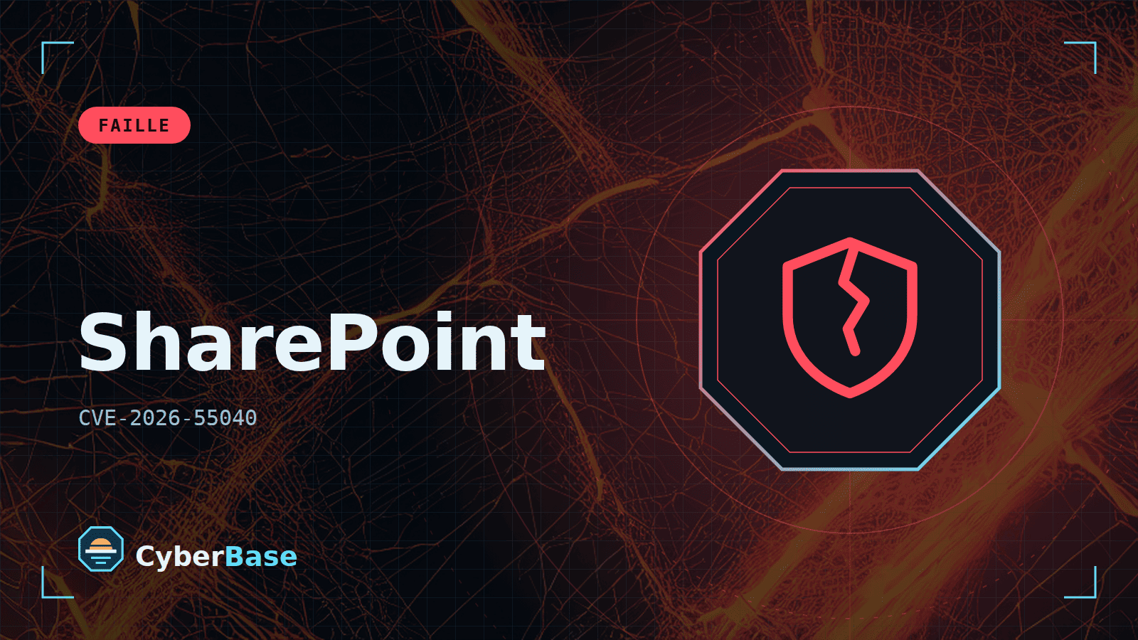 Illustration de « Microsoft SharePoint : une faille critique d’authentification faible est exploitée » : le pictogramme de la rubrique Faille et le nom du sujet sur une image de fond assombrie