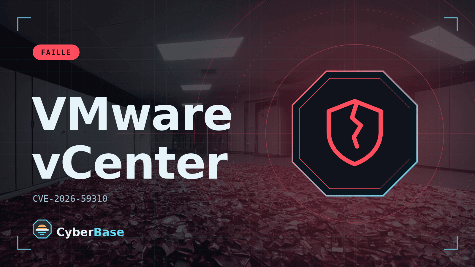 Illustration de « VMware vCenter : faille critique exploitée, y compris par des rançongiciels » : le pictogramme de la rubrique Faille et le nom du sujet sur une image de fond assombrie