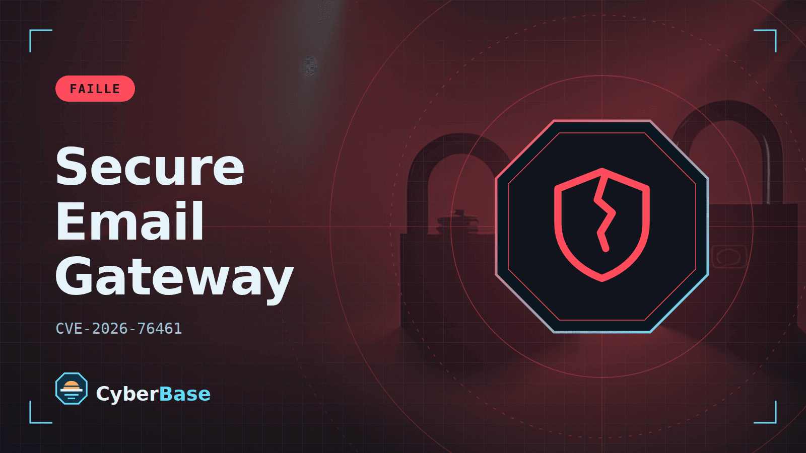 Illustration de « Cisco Secure Email Gateway : une faille critique permet la prise de contrôle » : le pictogramme de la rubrique Faille et le nom du sujet sur une image de fond assombrie