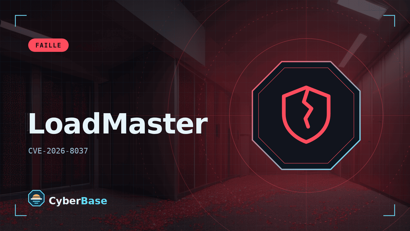 Illustration de « Progress LoadMaster : exécution de commandes sans authentification, correctifs disponibles » : le pictogramme de la rubrique Faille et le nom du sujet sur une image de fond assombrie