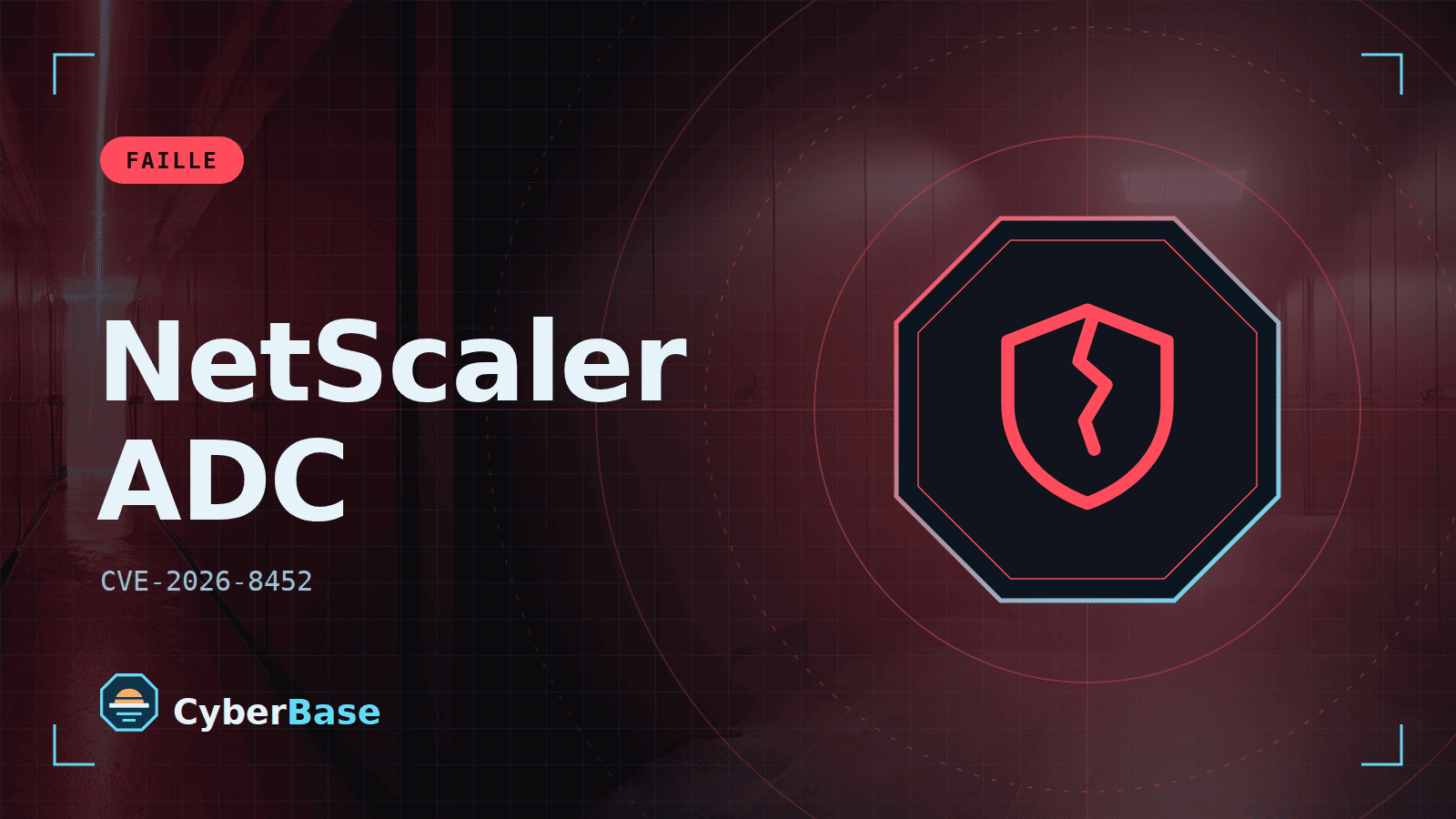Illustration de « Citrix NetScaler ADC et Gateway : dépassement de mémoire exploité pour couper le service » : le pictogramme de la rubrique Faille et le nom du sujet sur une image de fond assombrie