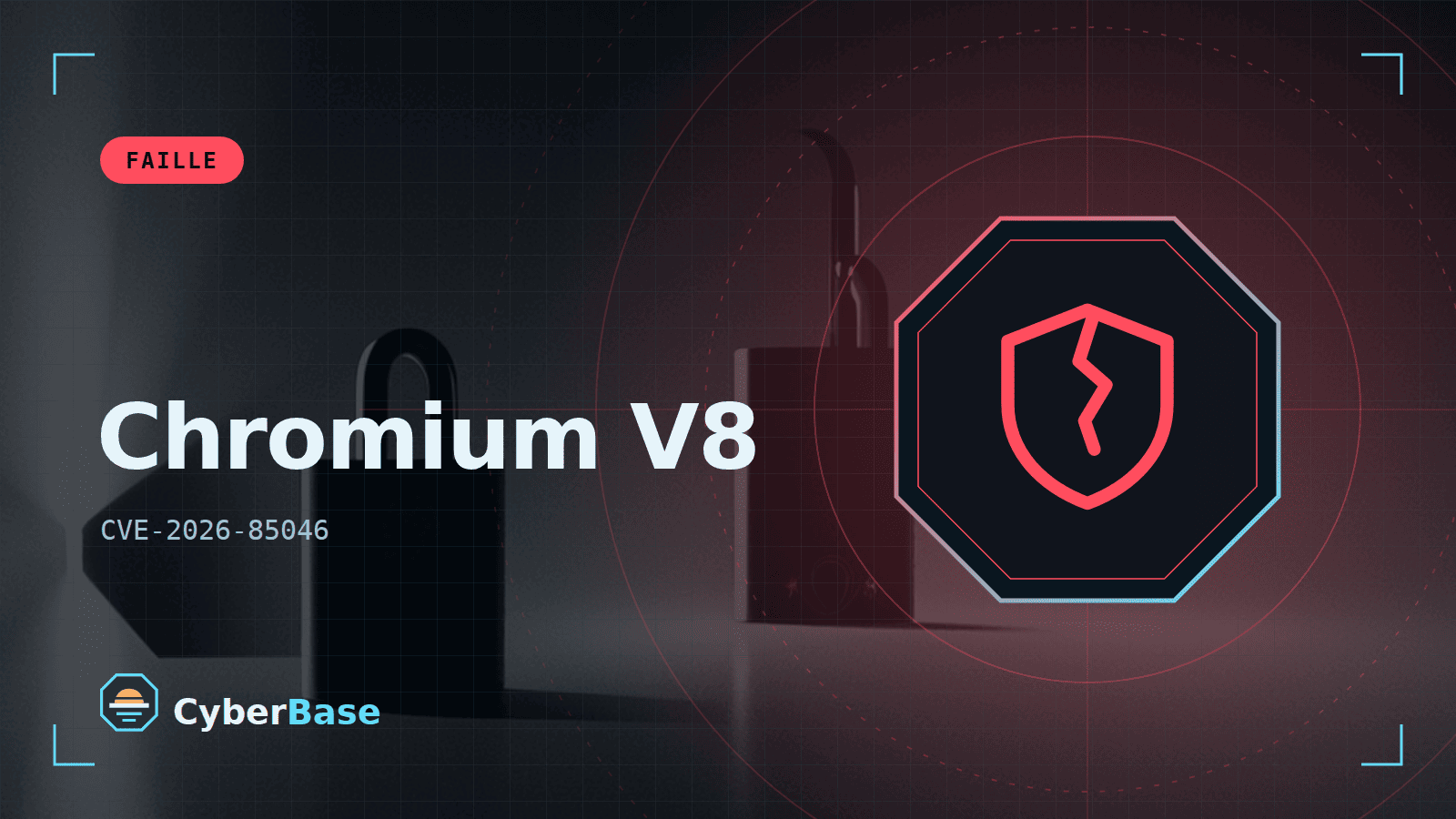 Illustration de « Chrome et navigateurs Chromium : une page web piégée peut exécuter du code » : le pictogramme de la rubrique Faille et le nom du sujet sur une image de fond assombrie