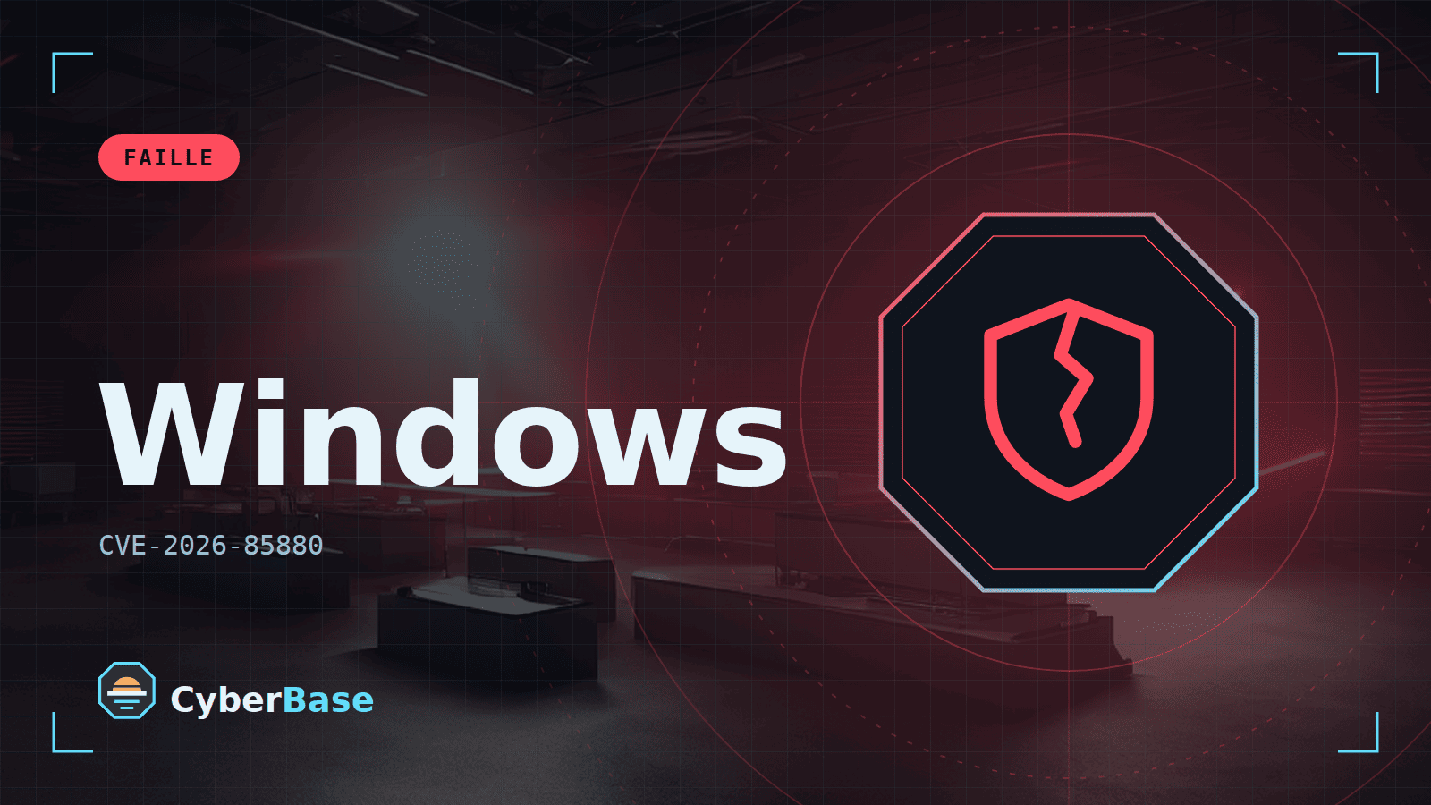 Illustration de « Windows : une faille du composant ALPC donne des droits d’administrateur en local » : le pictogramme de la rubrique Faille et le nom du sujet sur une image de fond assombrie