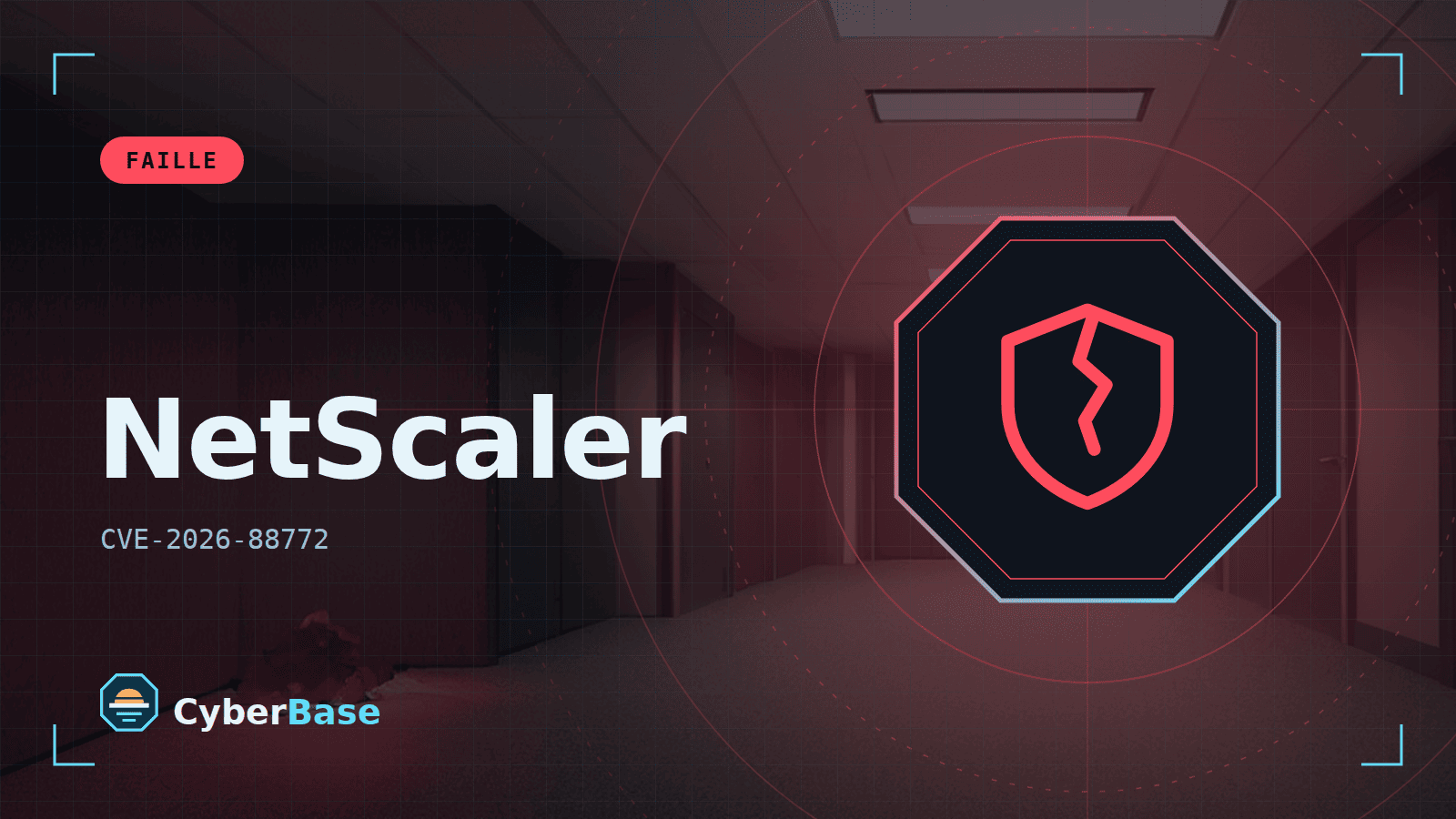 Illustration de « Citrix NetScaler : une faille critique de mémoire permet l’exécution de code à distance » : le pictogramme de la rubrique Faille et le nom du sujet sur une image de fond assombrie