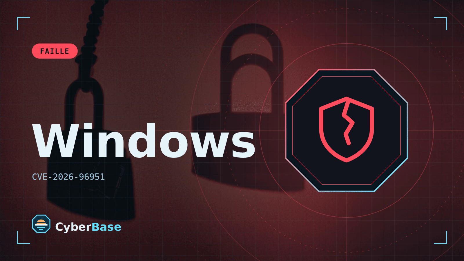 Illustration de « Windows : une injection de commande dans le Shell contourne une protection à distance » : le pictogramme de la rubrique Faille et le nom du sujet sur une image de fond assombrie