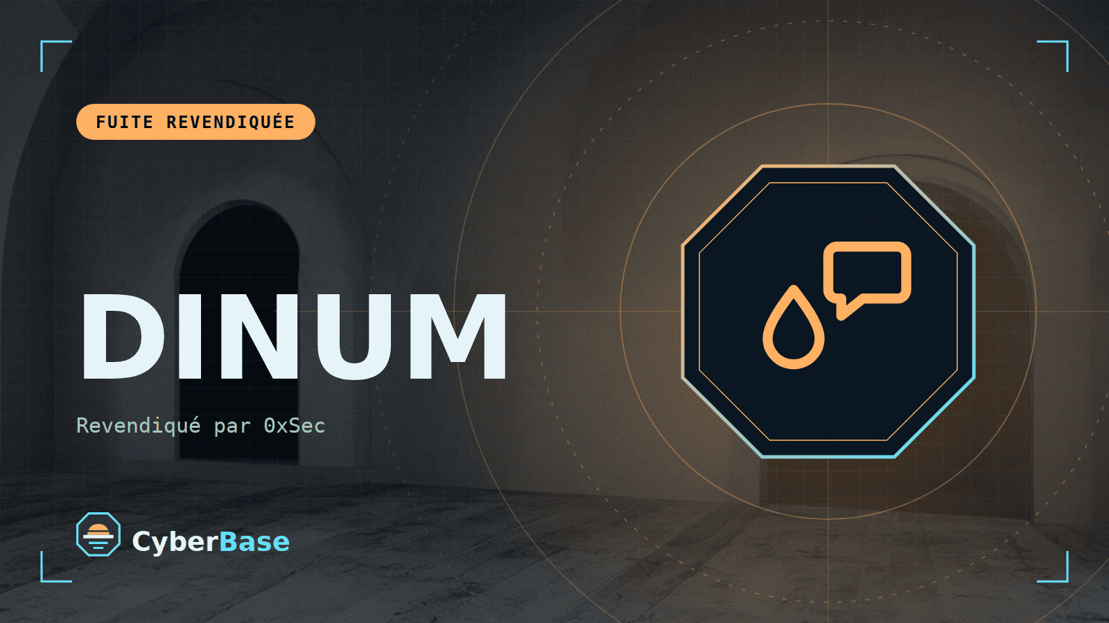 Illustration de « DINUM » : le pictogramme de la rubrique Fuite et le nom du sujet sur une image de fond assombrie