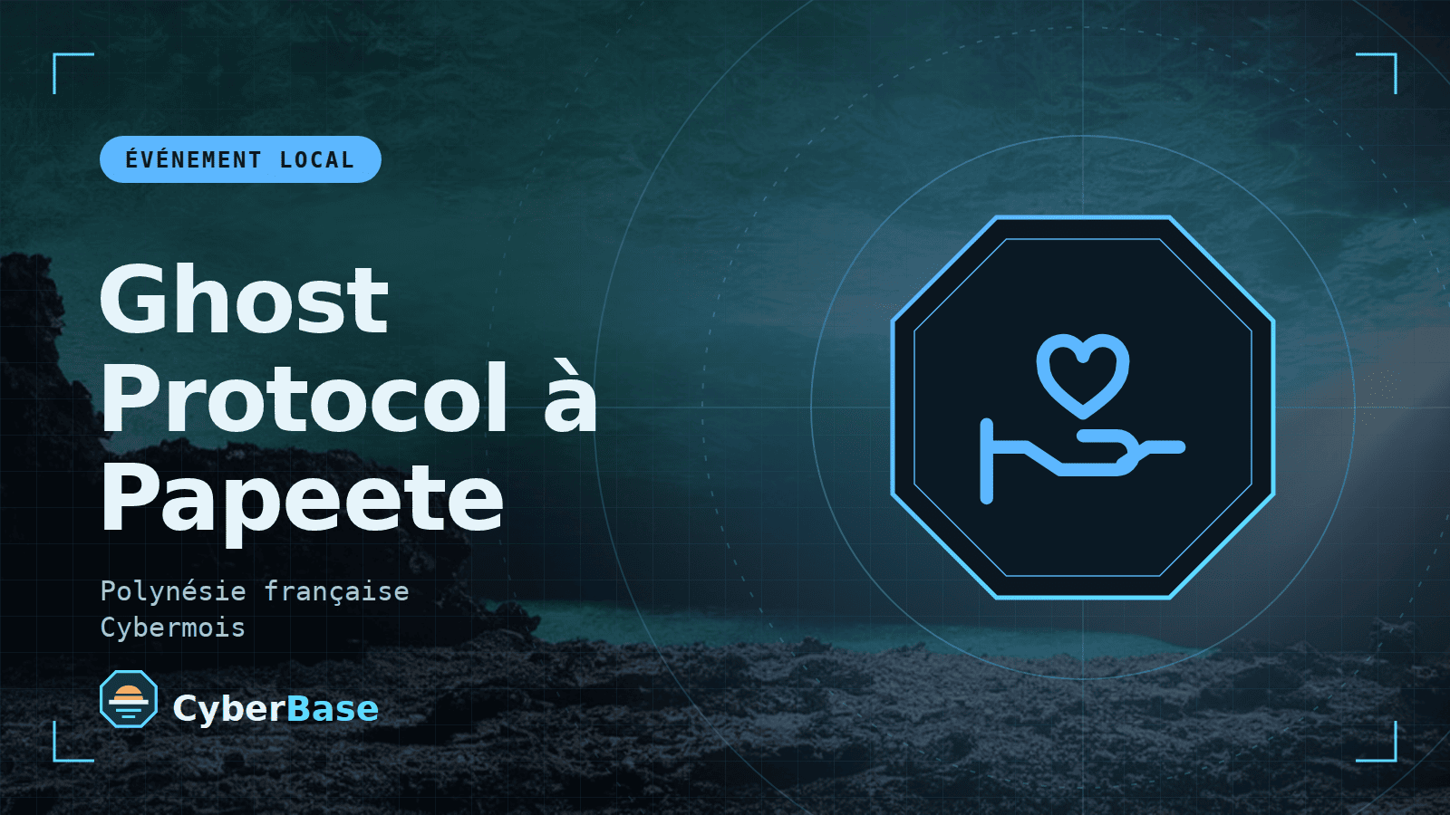 Illustration de « Ghost Protocol à Papeete » : le pictogramme de la rubrique Actualité et le nom du sujet sur une image de fond assombrie