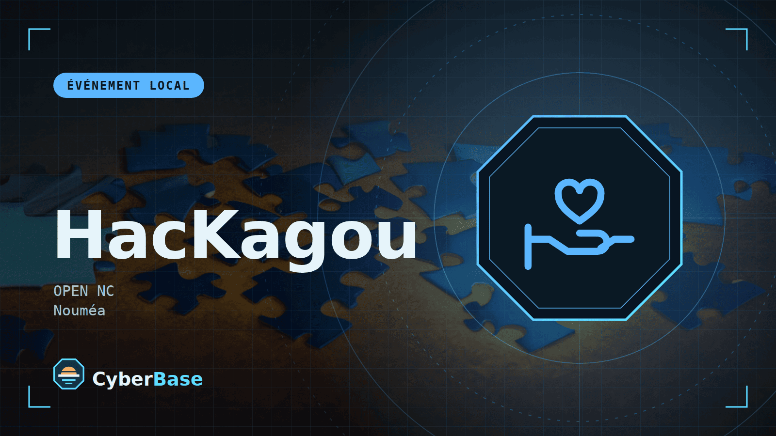 Illustration de « HacKagou 2026 à Nouméa » : le pictogramme de la rubrique Actualité et le nom du sujet sur une image de fond assombrie