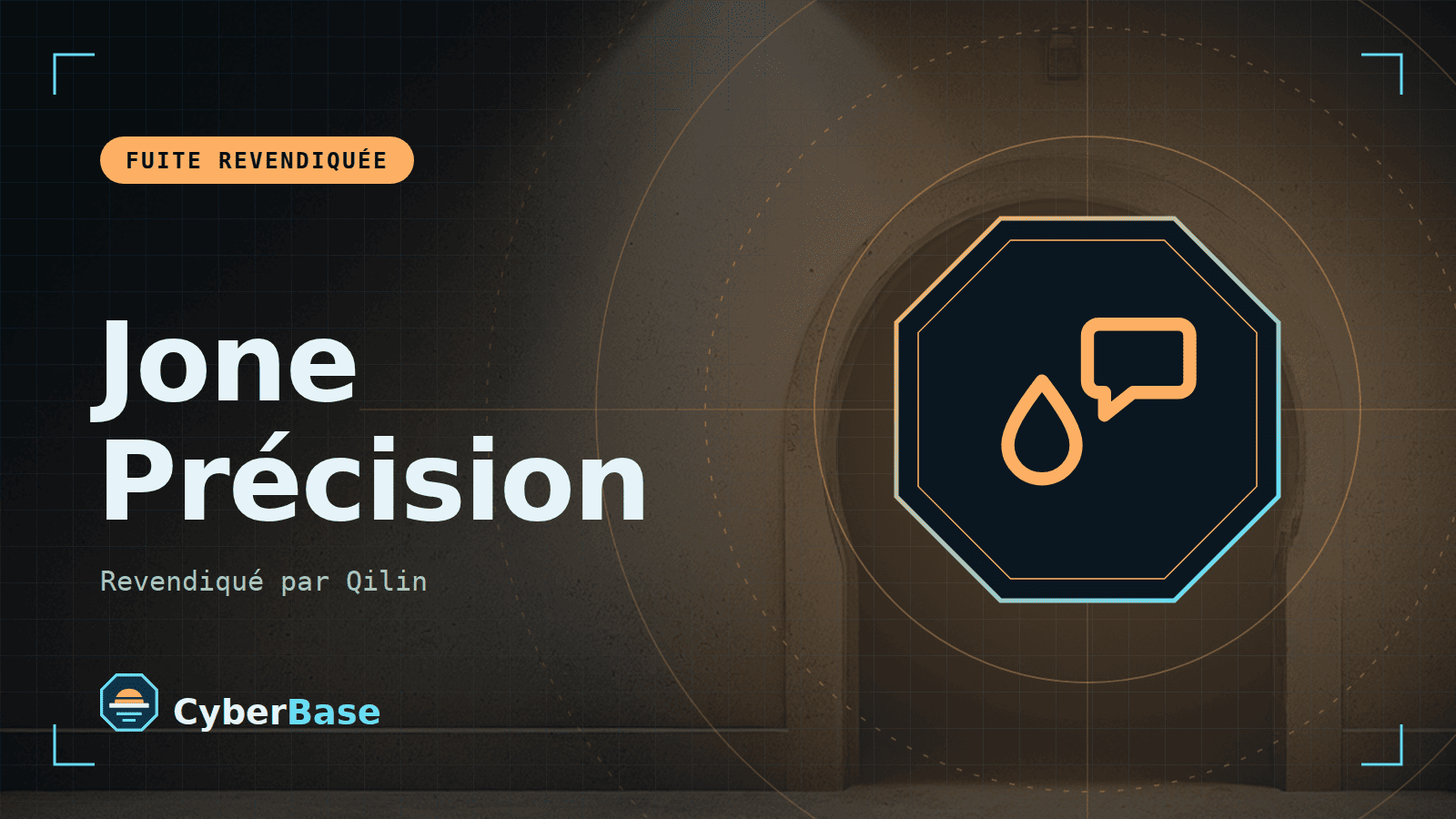 Illustration de « Jone Précision » : le pictogramme de la rubrique Fuite et le nom du sujet sur une image de fond assombrie