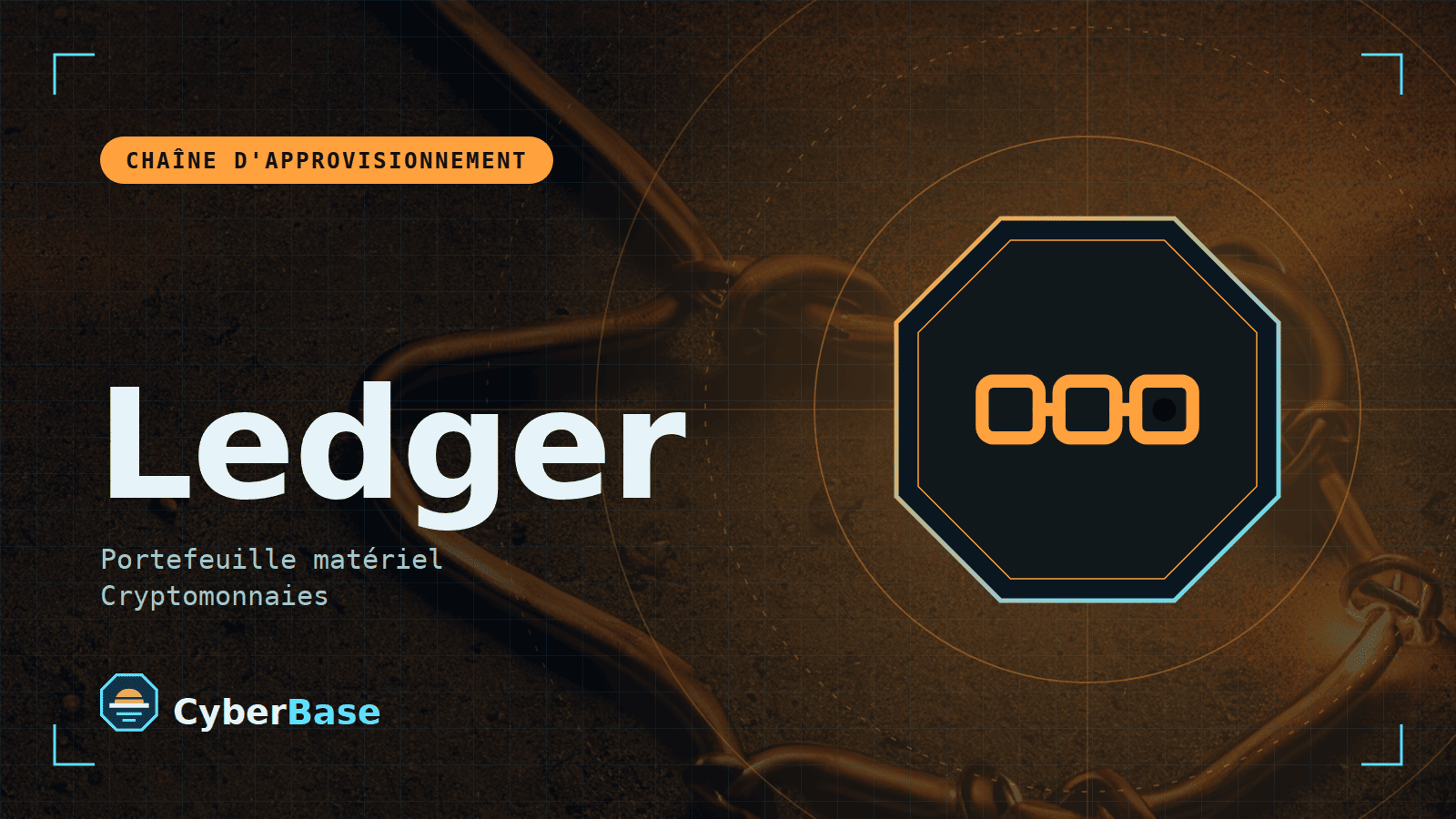 Illustration de « Ledger : implant matériel confirmé » : le pictogramme de la rubrique Actualité et le nom du sujet sur une image de fond assombrie