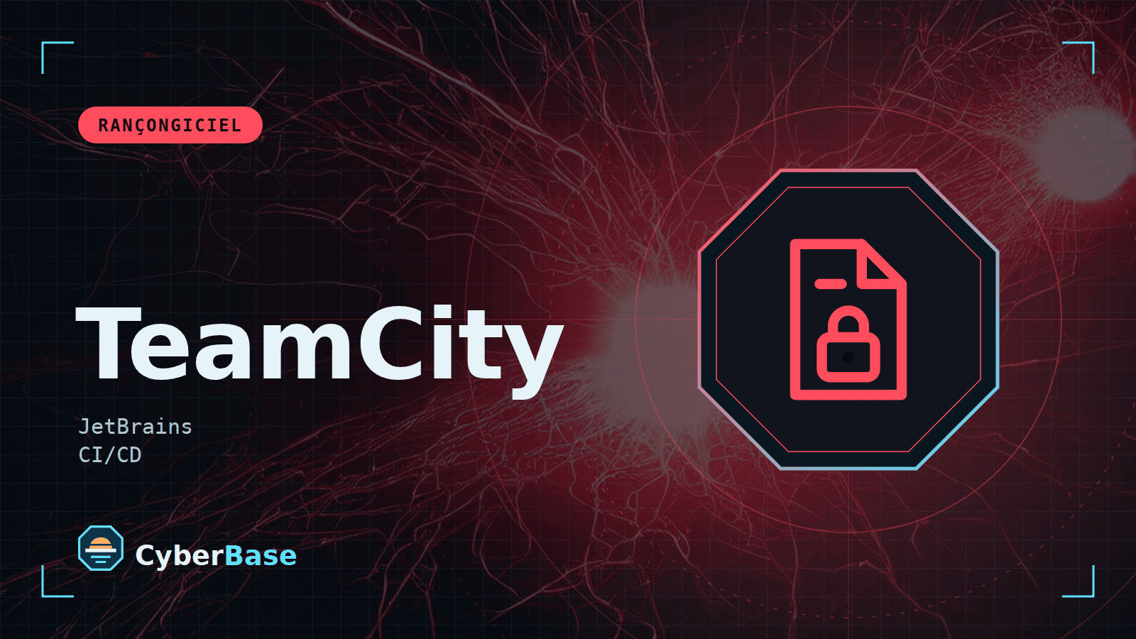 Illustration de « TeamCity exploitée par des rançongiciels » : le pictogramme de la rubrique Actualité et le nom du sujet sur une image de fond assombrie