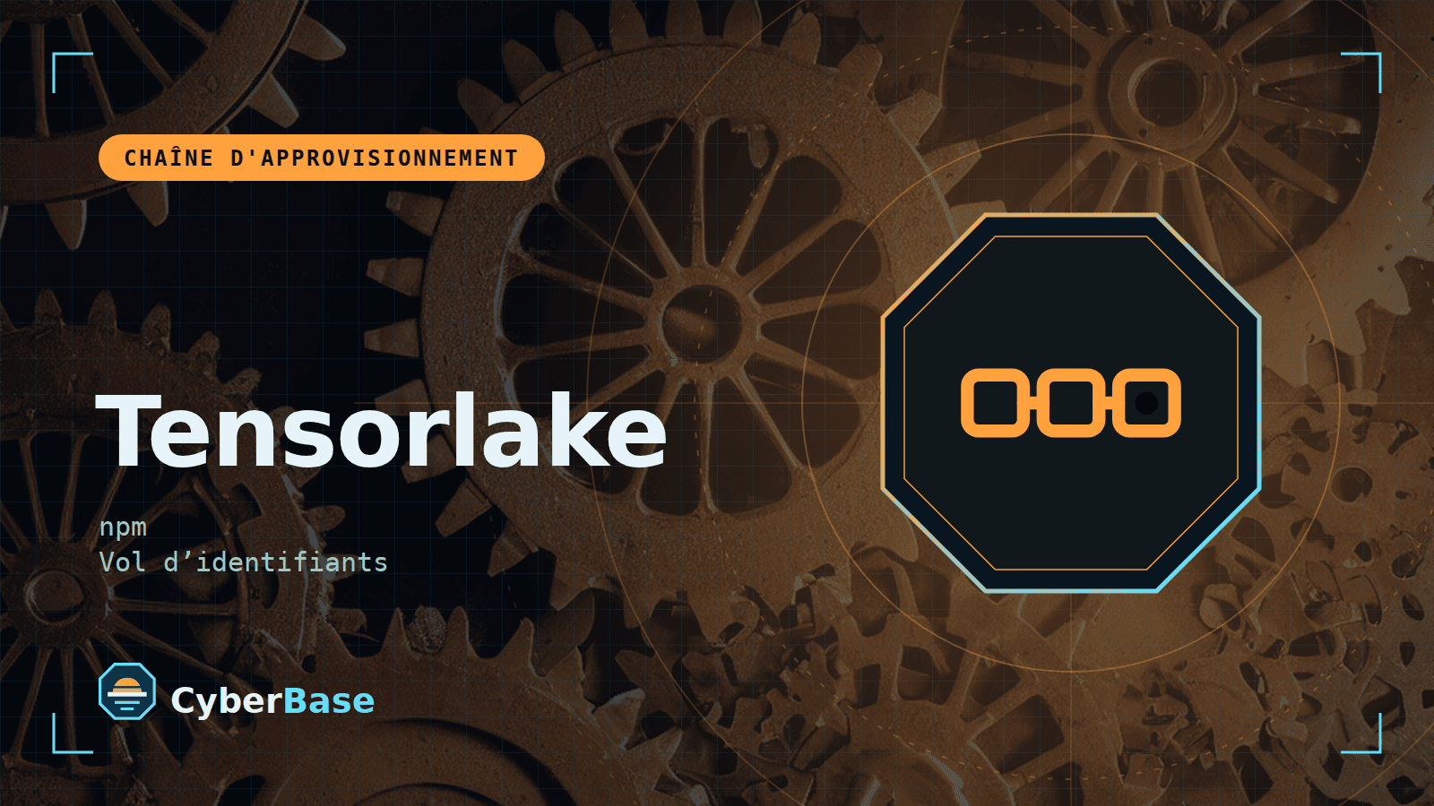 Illustration de « Tensorlake : version npm piégée » : le pictogramme de la rubrique Actualité et le nom du sujet sur une image de fond assombrie