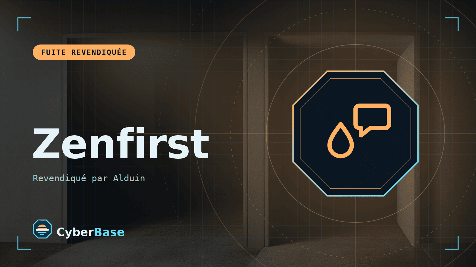 Illustration de « Zenfirst » : le pictogramme de la rubrique Fuite et le nom du sujet sur une image de fond assombrie