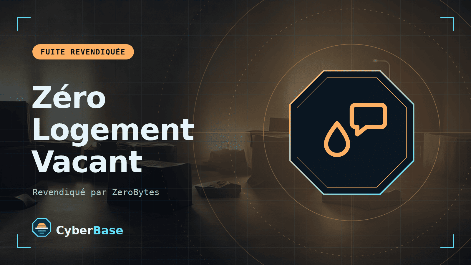 Illustration de « Zéro Logement Vacant » : le pictogramme de la rubrique Fuite et le nom du sujet sur une image de fond assombrie